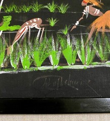 Vintage African Tribal Folk Art Painting on Fabric Signed & Framed MCM 11″x17″