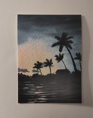Palm Trees Sunset Seascape Watercolor Painting Miniature