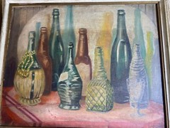 Steward Lewise 1954 „Bottles And Shadows“ Oil Painting – Signed And Framed