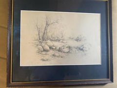 Antique A.A Freedman 1892 „River Landscape Scene“ – Pencil Drawing – Framed