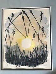 Original Watercolor Painting Blue Ocean Beach Grass Reed Framed Signed 11×14 in