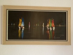 2 Large Oil Paintings Harbour View, Nocturnal View, Midcentury, 92x53cm External Dimension