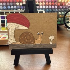 Original Watercolor ACEO – whimsical mushroom art recycle – OOAK Mini Nature