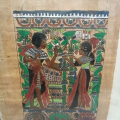 Beautiful Framed Egyptian Painting On Papyrus Paper. Green Brown