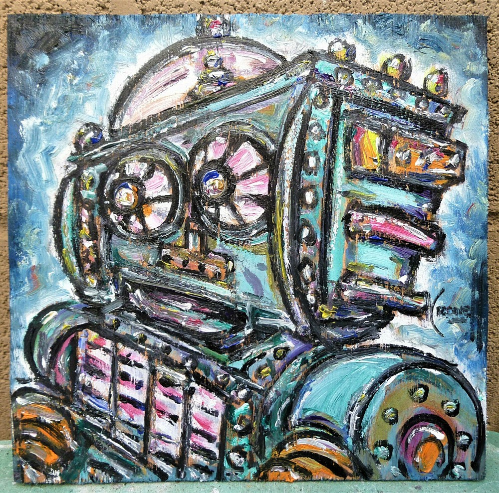 JASPER, THE ROBOT 8×8 wood retro NEW mech oil painting original signed CROWELL