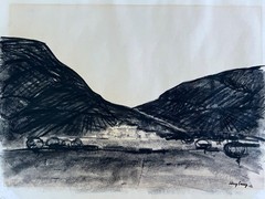 Original Carl-Göran Hagberg Signed Charcoal Drawing Spanish Mountain Village