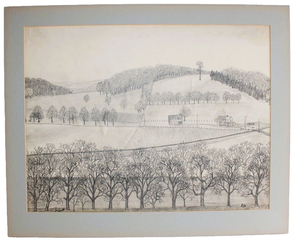 LARGE VINTAGE PENCIL DRAWING ON PAPER SIGNED 1973 RURAL LANDSCAPE FOLK ART