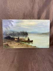 Antique Landscape Oil Painting Men In Canoe Lake Signed L Carter