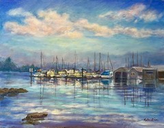 Seascape Boats Clouds Water Peaceful Art Original Oil Painting Kaloustian