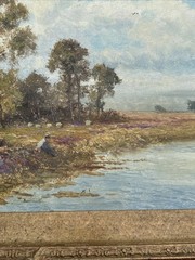 ANTIQUE PAINTING LANDSCAPE LAKE WITH FIGURE IMPRESSIONIST LISTED 1910’S SIGNED