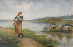 Frantisek Prochazka Watercolor Sheep Landscape European Antique Signed Sheep