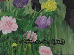 Original painting on 18×24 In. canvas featuring black cats in a flower garden