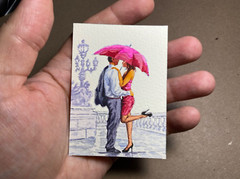 Watercolor Painting Couple Woman Man Umbrella Love Rain ACEO Art No.178