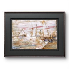 Ships Contemporary Pop Art Watercolor Painting Signed