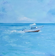 White Boat Painting Miami Seascape Original Canvas Artwork Impasto 14 by 14 in
