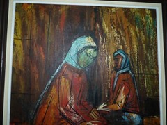 Vintage Cubism Oil Painting, Bedouin Women in Market, Signed E. ENOS, 64 x 54 cm