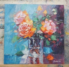 Sean Wu original oil painting, 12×12 on stretched canvas，flowers in a glass