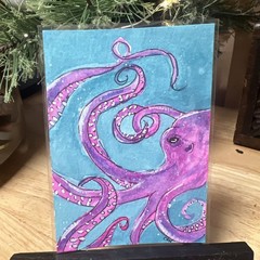 ACEO/ATC Original Painting 2.5 x 3.5 In., Watercolor Octopus Fantasy Ocean Sea