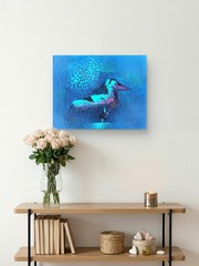 Original Heron Painting 14×11 Acrylic Canvas Blue Teal Contemporary Signed