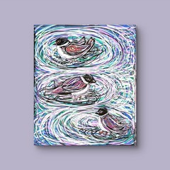 Three Birds In Puddles – Original 11×14 Acrylic Painting Paper Modern.