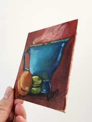 Framed Blue Cup & Macarons Original Oil Painting 4×4 Signed Kitchen Still Life
