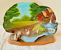NICE OUTDOOR SCENERY PAINTED ON A MUSHROOM- WITH GEESE-WATERFALL-BARN-TREES -11″