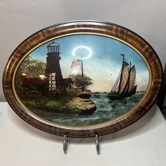Antique Oval Reverse Painting Bubble Glass Tiger Wood Frame Victorian Era