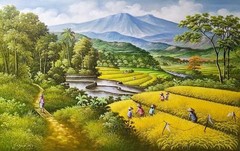 Large Rice Fields Landscape Painting: Feng Shui Nature Art (135x85cm)
