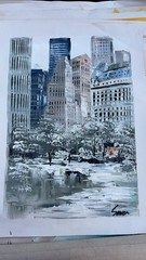 Original Hand-Painted Oil Painting-Central Park Winter Landscape &NYC Skyline