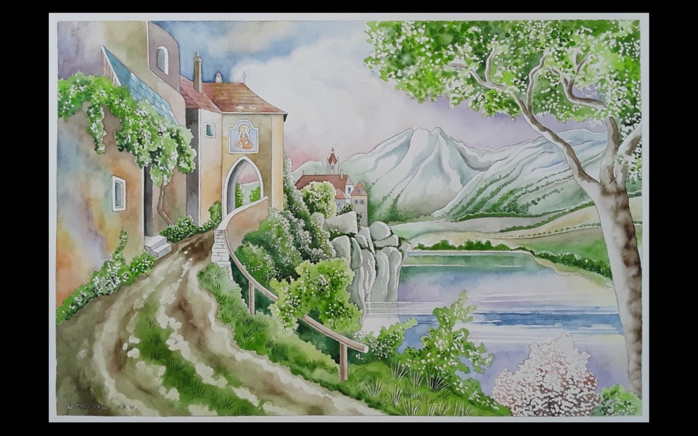 Watercolour 64×44 cm, „Romantic Wachau in Austria“, Lovely Landscape Art.