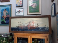 Vintage Beautiful Original Large Ocean Battleships at War Framed Oil Painting