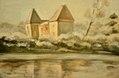 BARBARA CLEARY Original Vintage Signed Chateau House Lake Landscape Oil Painting