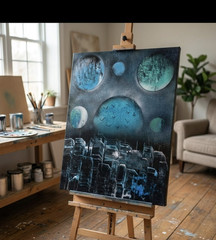 Abstract Contemporary Outer Space Planets Cityscape Painting, Medium Unframed