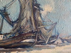Oil painting signed E.KELLER fishing boats at low tide Hamburg ALTENWERDER