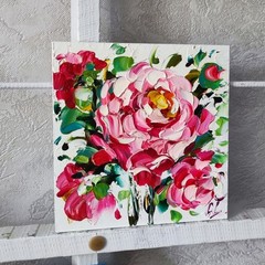 original oil painting Rose pink flowers artwork Floral small wall art 6*6 inch