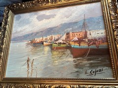 Vintage Original Signed Ivo Capozzi Oil Painting Fishing Boats Harbor Scene