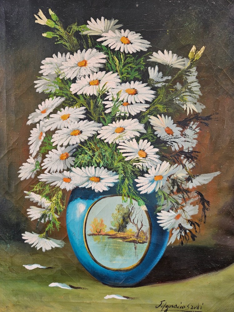 Vintage 1970’s Oil Painting Still Life Yellow Flowers Vase Framed Signed READ
