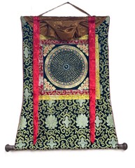 OM MANI PADME MANTRA MANDALA ORIGINAL TIBETAN THANGKA PAINTING WITH SILK BROCADE