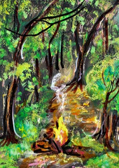 ORIGINAL ACEO Painting CAMPFIRE Fire TREES Woods Bonfire Camping Firepit ATC ART