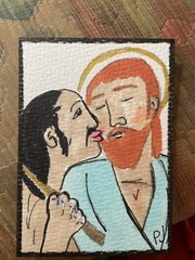 ACEO watercolor art by PJ, art card 2.5 x 3.5: the Judas kiss, betrayal.