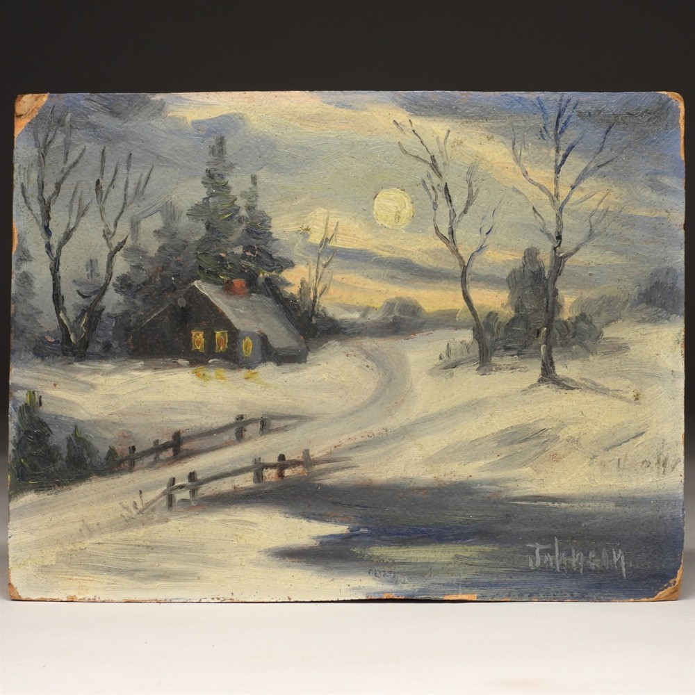 QUAINT! Antique C.1910 Gerard Johnson Illuminated Moonlight O/B Painting 6″x8″