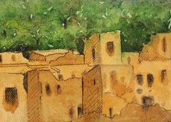 Old Town Original Watercolor Painting 4×5 Hand Painted Cityscape Desert Oasis