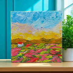 Original Oil Painting Tuscany Wildflowers Red Roofs Handmade Impasto Wall Art