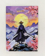 OOAK ACEO Original Painting Samurai Warrior Purple Sky Moon Cherry Blossom Art