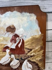 Vintage Primitive Folk Art Painting – Signed Girl Goose On Wood Board Wall Decor