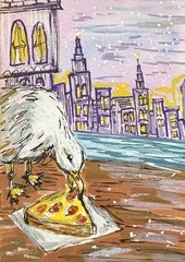 ACEO Original Whimsical Seagull With Pizza Cityscape Art Acrylic Painting OOAK