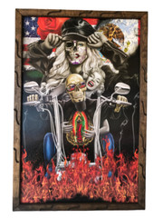 Skeleton Biker w/ Marilyn Monroe 36 x 24 Inches Rustic Wooden Frame