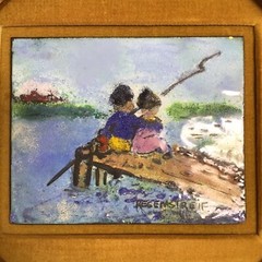 Enamel on Copper Painting SIGNED Helen Regenstreif Children Fishing 10” Vintage