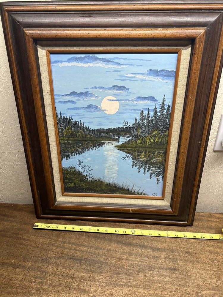 Beautiful Moonlit Evening Original Oil Painting on Masonite Board ~Sign EAL 80.
