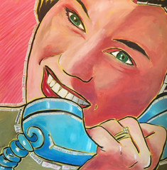 Original Large Pop Art Painting: Vintage Woman Gossip, Mixed Medium 36×36